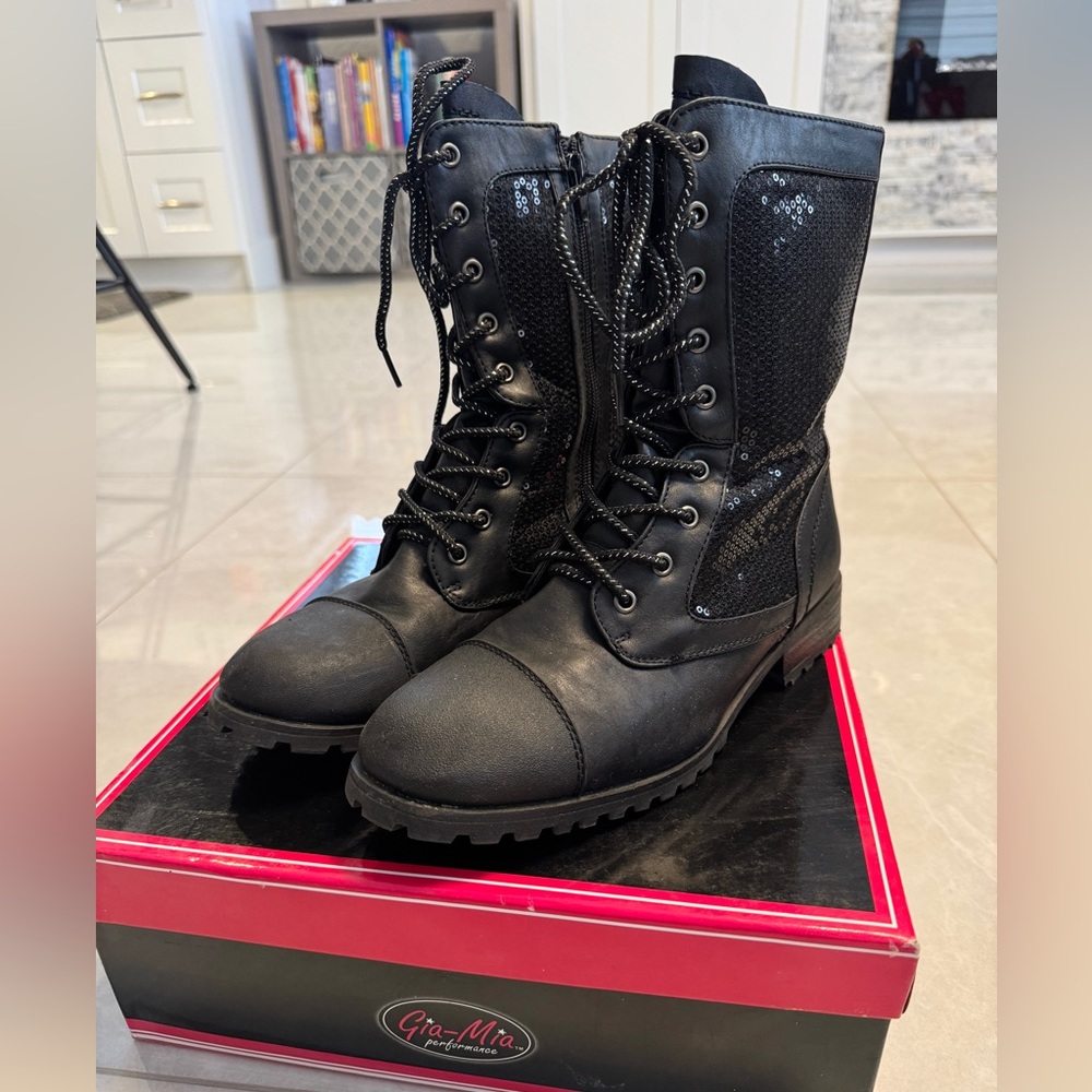 Adult Gia Mia Black Sequin Combat Hip Hop Boots